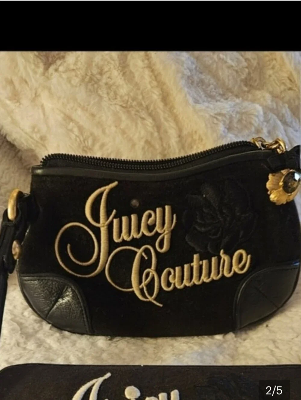 Juicy Couture Y2k Black Velour Wristlet with Gold Juicy Script Logo & Charm